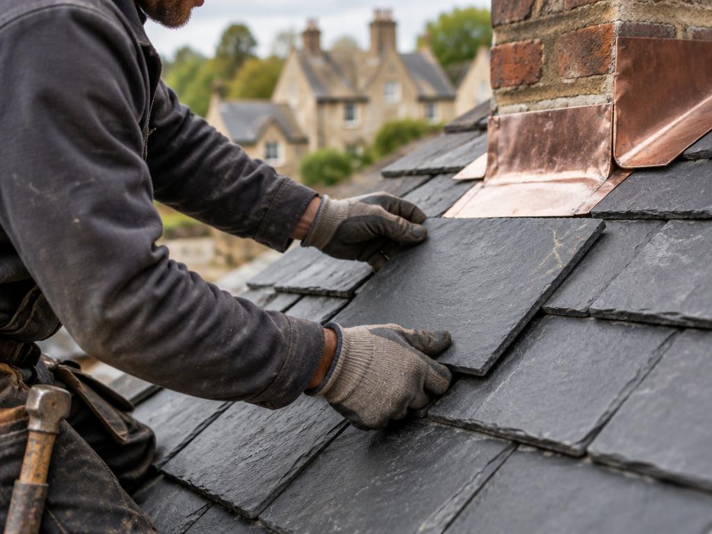 A roofer fitting new slates beside a copper chimney flashing